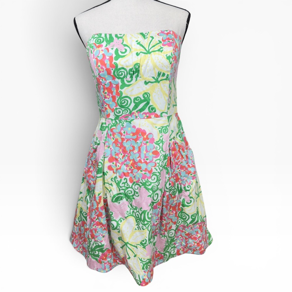 Lilly Pulitzer Strapless Dress Womens 8 Multi Color Floral Pockets Fit & Flare